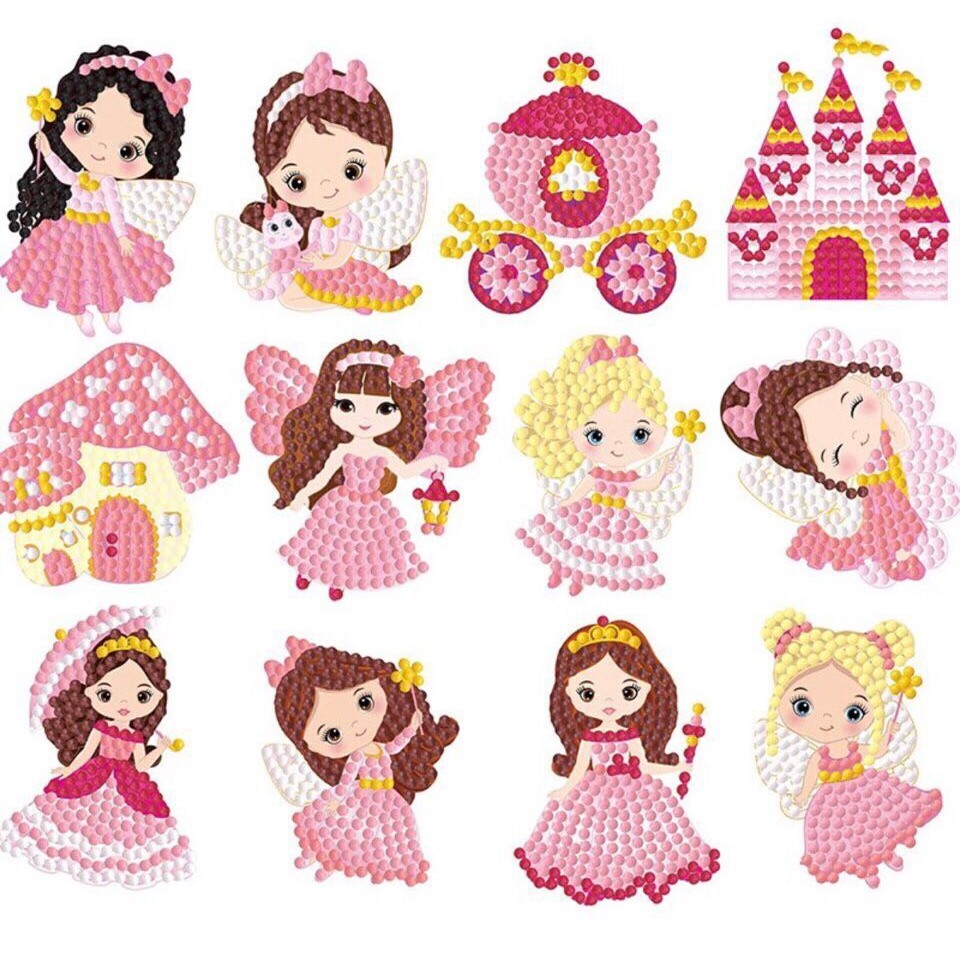 Sticker đính đá cho bé, tranh đính đá cho bé, trang trí cốc, ví, cặp, dán tường hình công chúa đáng yêu