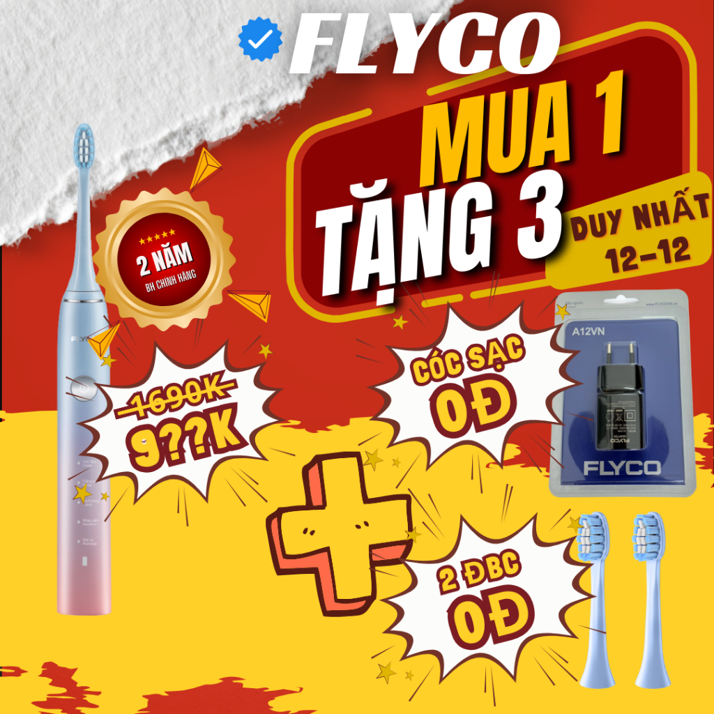Bàn Chải Điện Flyco FT7105VN Kháng Nước IPX7 5 Chế Độ Làm Sạch Chuẩn Nha Khoa - Hàng Chính Hãng