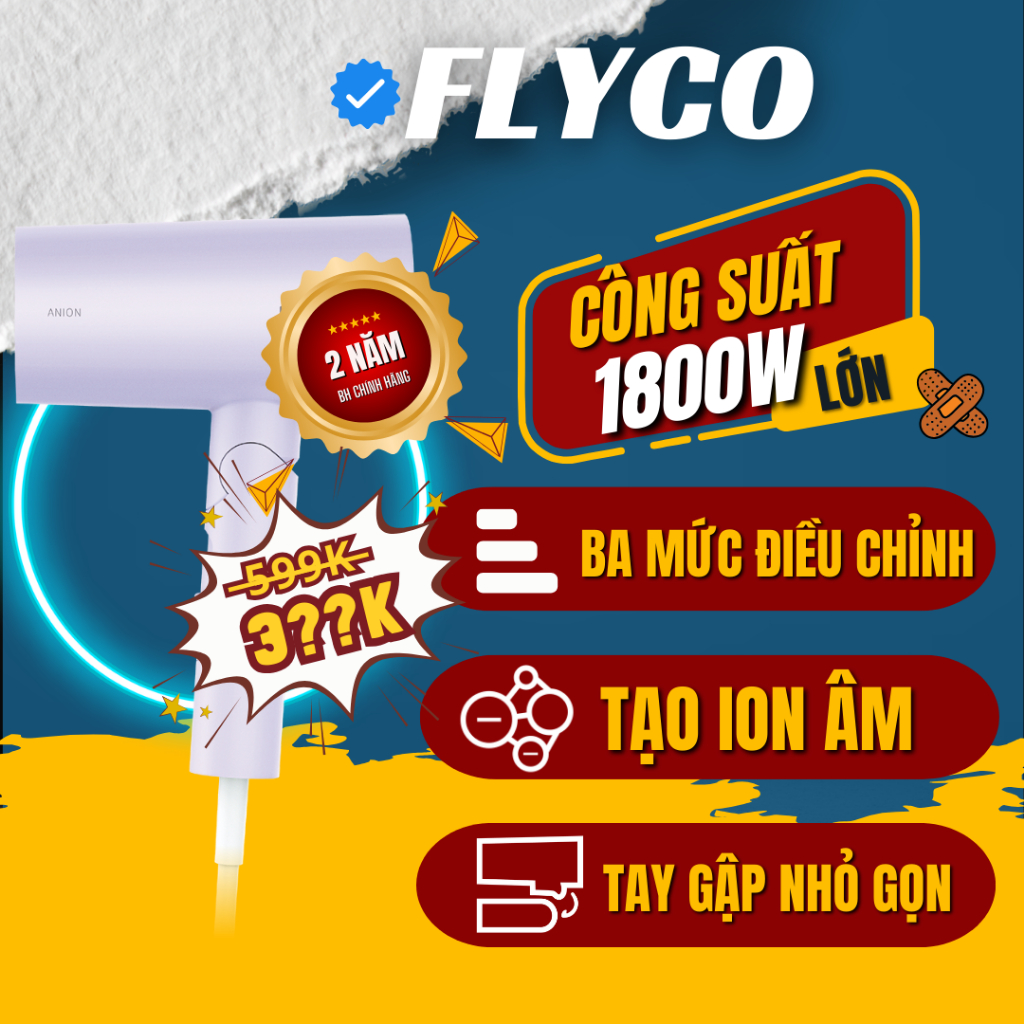 Máy Sấy Tóc Flyco Công Suất Lớn (1800W) FH6277VN Chế Độ Sấy Anion & Sấy Lạnh Bảo Vệ Tóc