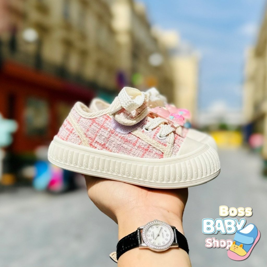 Giày thể thao bata cho bé trai bé gái dáng lười quai dán ngang thời trang và họa tiết gấu đáng yêu chất dạ