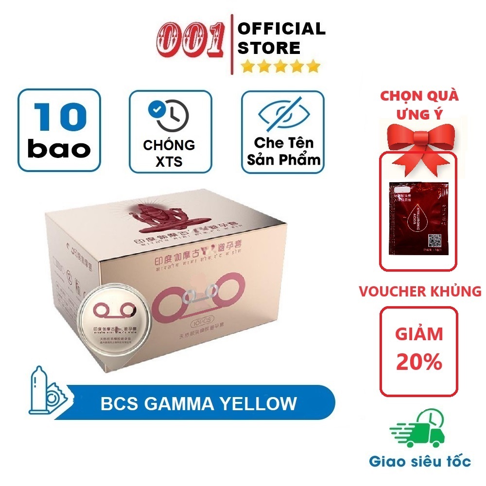 Combo 2 hộp bao cao su gai 001 Gamma yellow, bcs siêu mỏng, nhiều gel, kéo dài thời gian, size 52mm