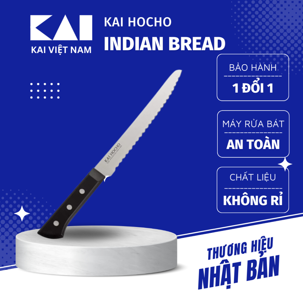 Dao KAI Nhật Indian Hocho Bread Knife dao bếp răng cưa cắt bánh mì bằng thép không rỉ 180mm