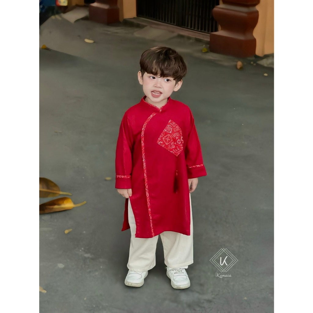 Bộ Áo dài Tết cho Bé Trai KAMACA, Set áo dài Như Ý, Chất liệu linen cao cấp, mềm mại.
