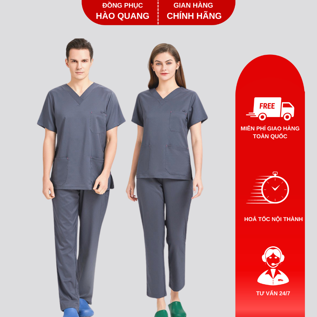  Bộ scrubs cổ tim Hào Quang màu xám đậm hàng cao cấp