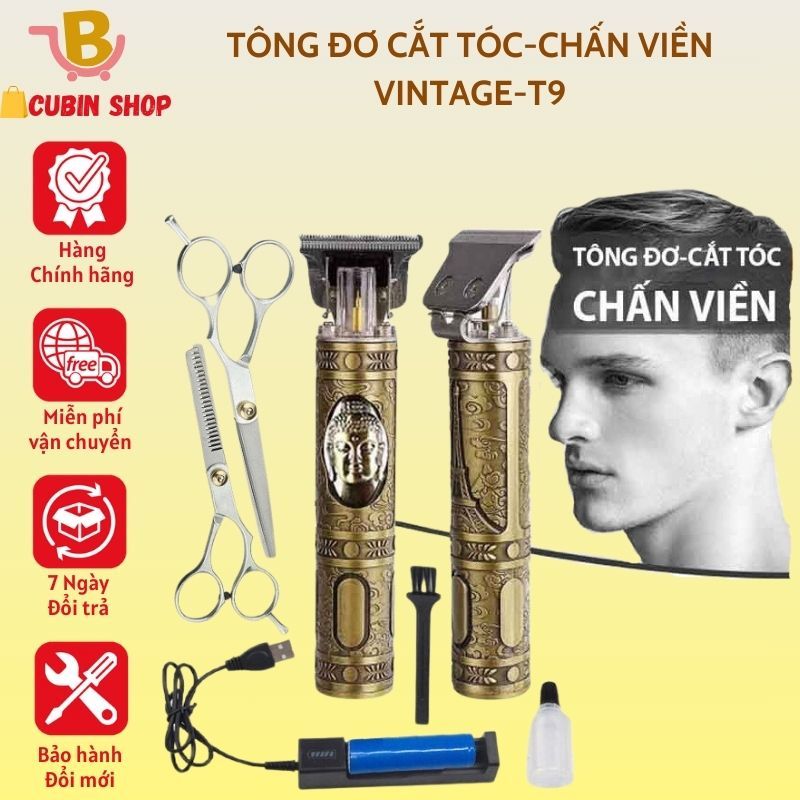 Tông Đơ Cắt Tóc, Chấn Viền VINTAGE-T9 Nhỏ Gọn, Sạc Điện, Pin Cực Bền,cao cấp