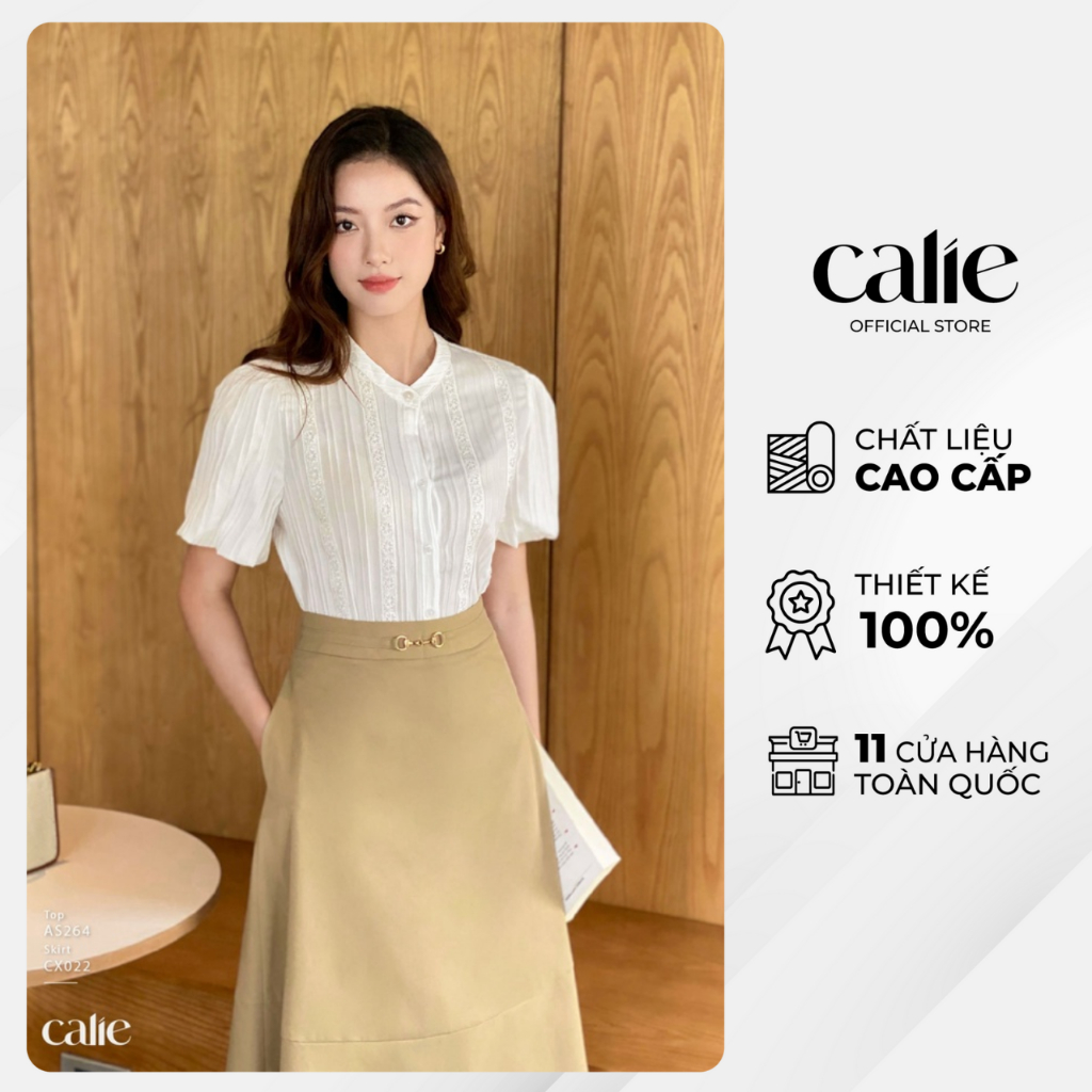 Áo sơ mi nữ cổ tàu phối ren tay bo CALIE AS264