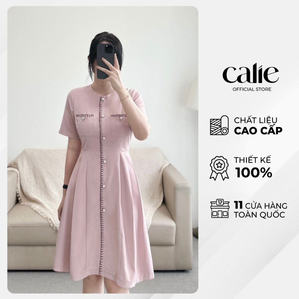 Váy nữ dáng A xếp li thêu viền trang trí CALIE VA313