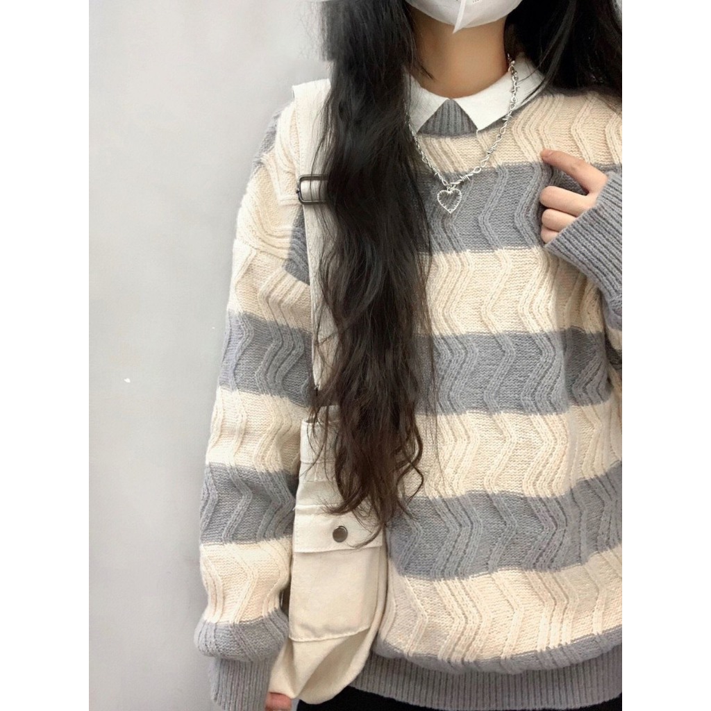 Áo Len Cổ Tròn Dáng Dài From Rộng Phối Sóng Dọc Xám Màu Basic Phong Cách Hàn Quốc 2 Màu Dễ Phối Đồ Hàng Qccc Shopquaca
