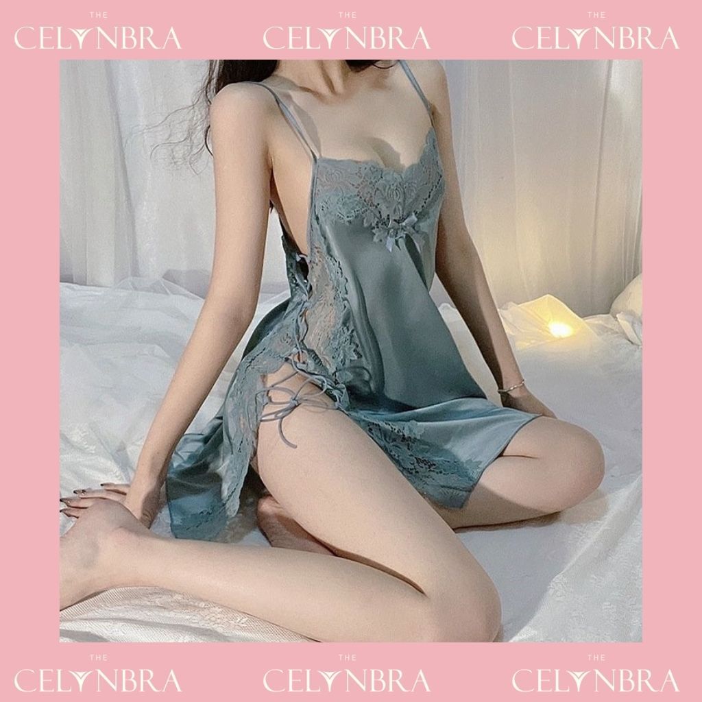 Váy ngủ lụa ren mềm dây đan sườn xẻ vạt gợi cảm THE CELYNBRA - V31