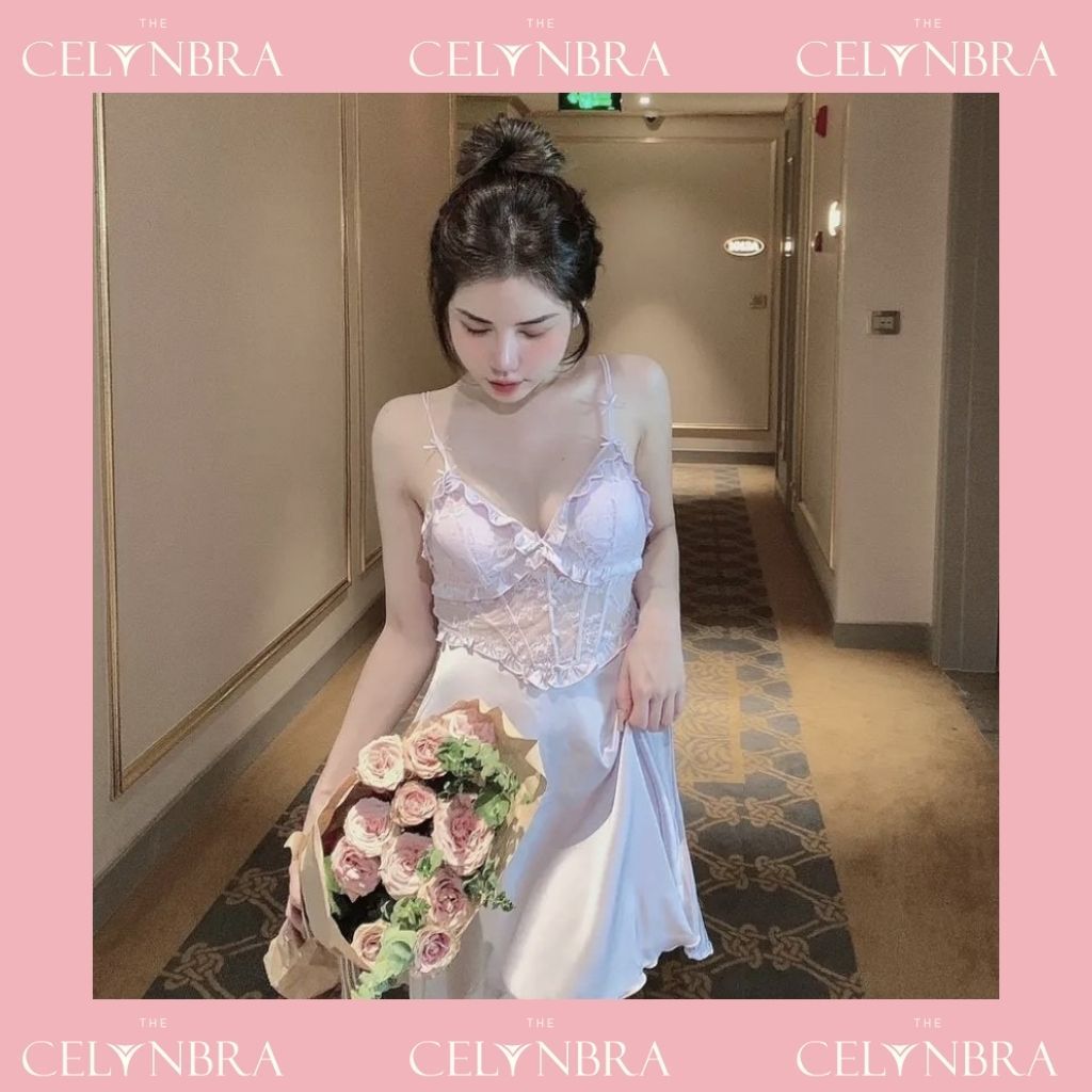 Váy ngủ lụa sexy có mút ngực phối viền ren quyến rũ THE CELYNBRA - V110