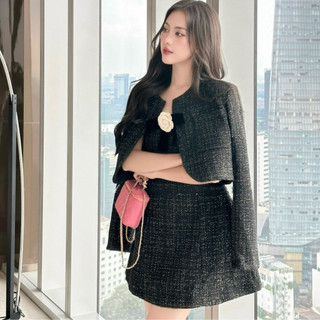 Set dạ cao cấp dáng ngắn kèm bông hoa dễ thương set đồ nữ dài tay dự tiệc sang trọng Minaca S57