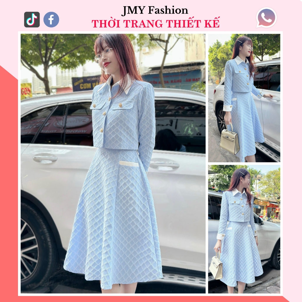 áo sơ mi xanh gấm dài tay, chân váy xòe công sở
