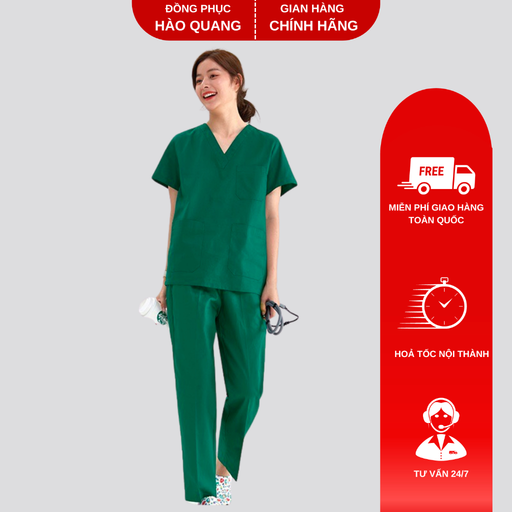 Bộ Scrubs bác sĩ Hào Quang xanh lá hàng phổ thông