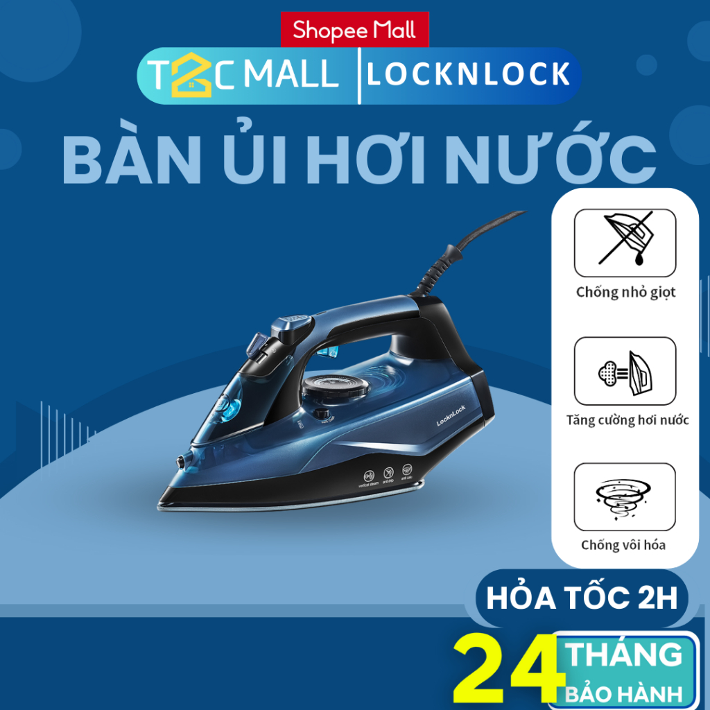 Bàn ủi hơi nước LocknLock ENI362BLU Màu Xanh Dương chống nhỏ giọt, tăng cường hơi nước, tự làm sạch T2CMALL