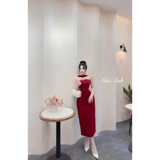 [12,12 Sales Freeship] Đầm nhung cup ngực phối lông vũ dáng dài qua gối, đầm dự tiệc vòng cổ chocker sang chảnh dx