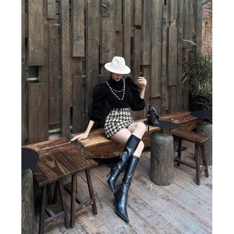 Set Áo Nhung Gân Tay Bồng Mix Chân Váy Dạ Kẻ Caro Chuẩn Hàng Cao Cấp Loại 1