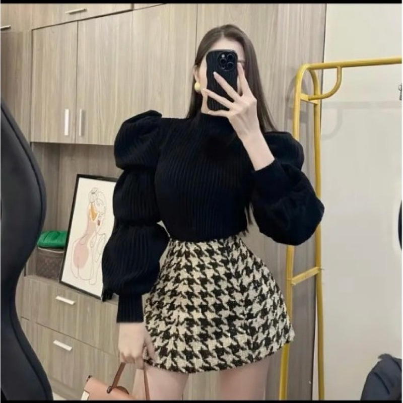 Set Áo Nhung Gân Tay Bồng Mix Chân Váy Dạ Kẻ Caro Chuẩn Hàng Cao Cấp Loại 1