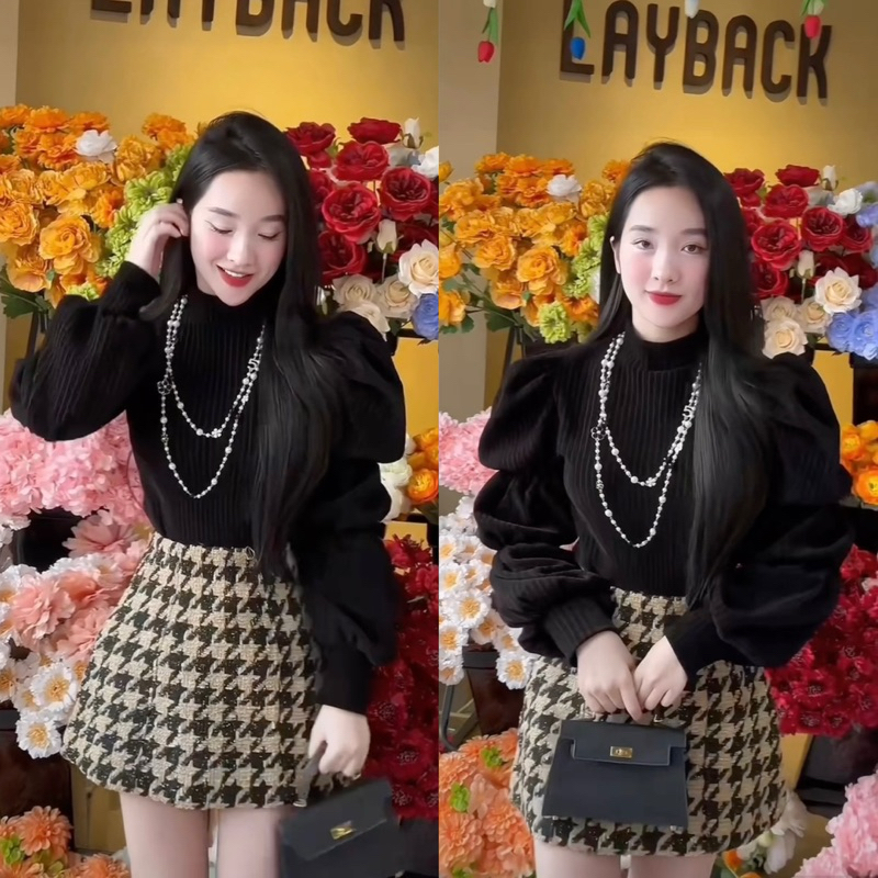 Set Áo Nhung Gân Tay Bồng Mix Chân Váy Dạ Kẻ Caro Chuẩn Hàng Cao Cấp Loại 1