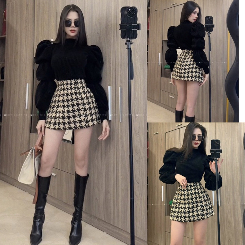 Set Áo Nhung Gân Tay Bồng Mix Chân Váy Dạ Kẻ Caro Chuẩn Hàng Cao Cấp Loại 1