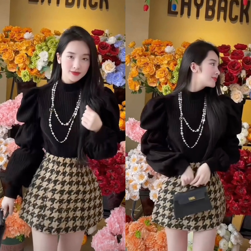 Set Áo Nhung Gân Tay Bồng Mix Chân Váy Dạ Kẻ Caro Chuẩn Hàng Cao Cấp Loại 1