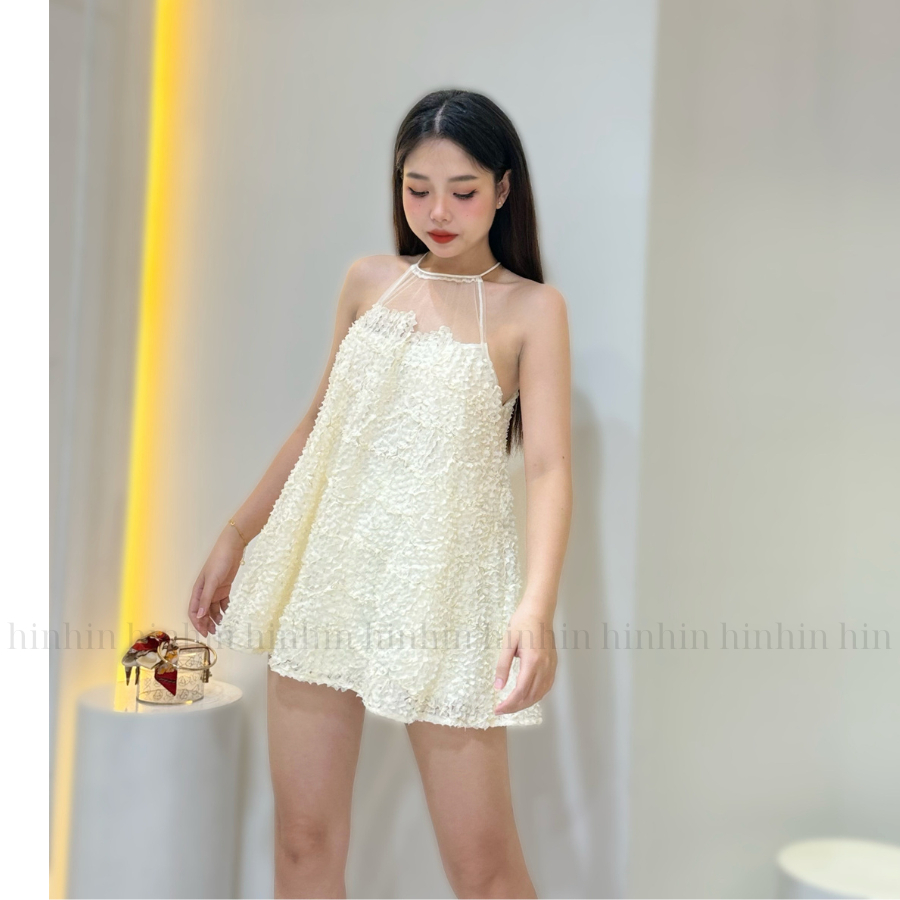 Đầm HDT334 babydoll ren nổi xòe rộng màu trắng Hỉn Hỉn Store