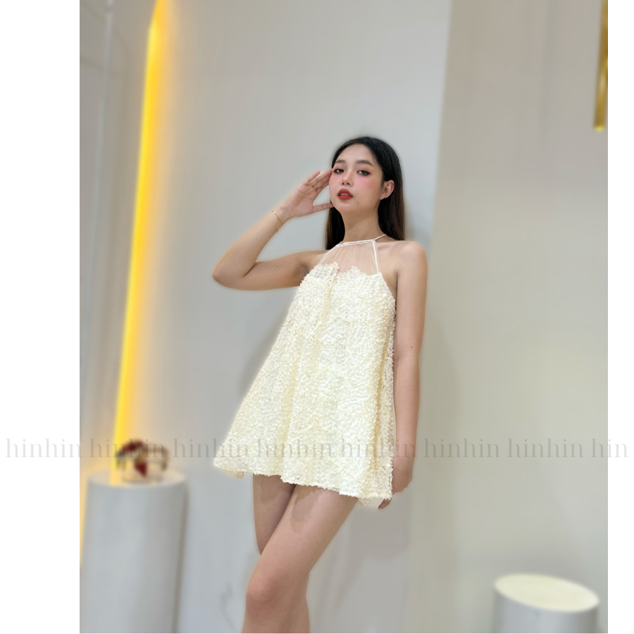 Đầm HDT334 babydoll ren nổi xòe rộng màu trắng Hỉn Hỉn Store