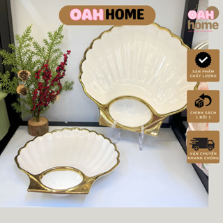 Đĩa sò trắng kèm khay gia vị viền vàng phong cách Bắc Âu sang trọng, gồm 2 size