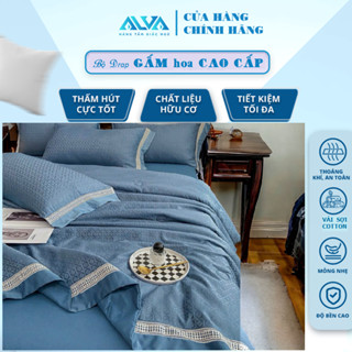 Bộ CHĂN GA LỤA COTTON GẤM IN HOA VÂN CHÌM (5 món CÓ MỀN) CAO CẤP ALVA, màu sắc trang nhã, mềm mịn, thoáng mát