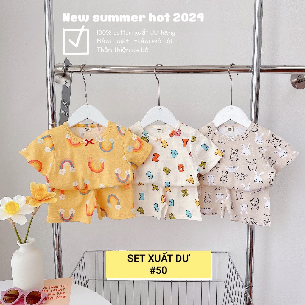 Set 3 bộ Cotton xuất dư cho bé gái- Bộ cotton cộc tay mùa hè