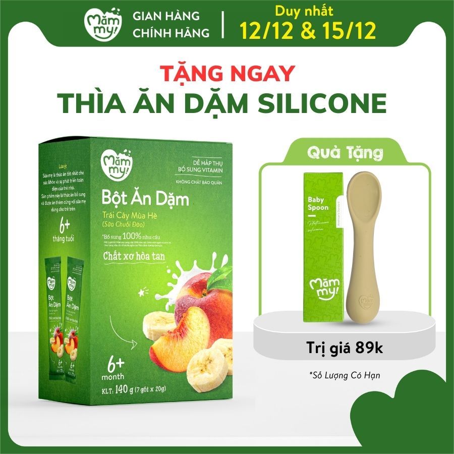 Bột ăn dặm trái cây mùa hè Mămmy kết hợp giữa sữa, chuối và đào bổ sung vitamin cho bé yêu - 140gr