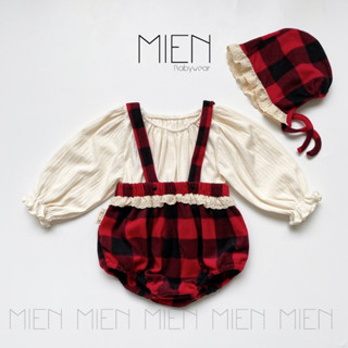   R57  Set yếm quần nỉ áo nhún cổ kèm mũ bonnet ren MIEN cho bé gái 