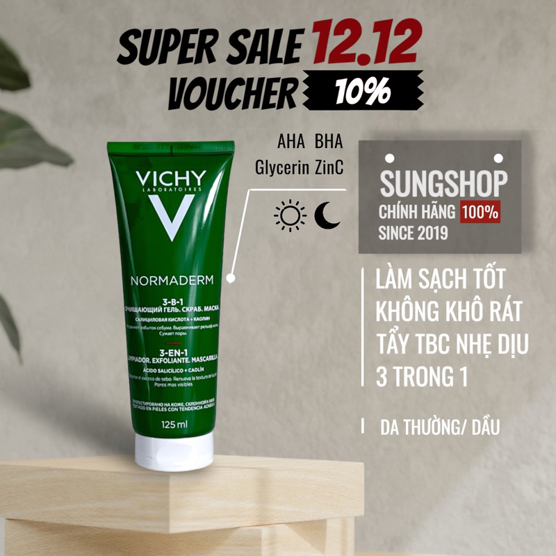 Sữa rửa mặt Vichy 3 trong 1 tẩy tế bào chết mặt nạ cho da nhạy cảm 125ml