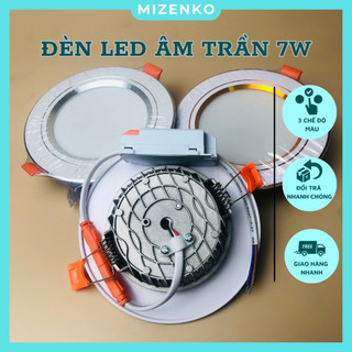 Đèn led âm trần 7w 3 chế độ màu, đèn mắt trâu 7w đế đúc phi 90mm viền vàng - bạc mizenko
