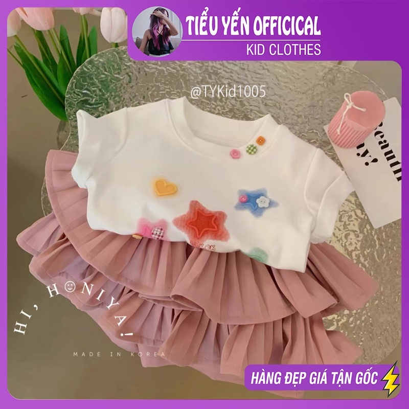 Quần áo trẻ em, Bộ hè cao cấp bé gái, áo thun trắng và chân váy xếp ly 2 tầng cho bé 9-25kg S1005 | Tiểu Yến KID