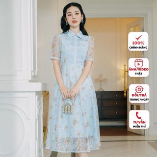 Đầm ren nữ FIONA dáng xòe váy thiết kế cao cấp thân trước bấu ly dọc vải phối cổ đức F413196