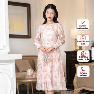 Đầm thiết kế FIONA dáng xòe váy công sở nữ chất liệu tơ hoa dài tay cổ tròn tùng váy dập nhăn F413526