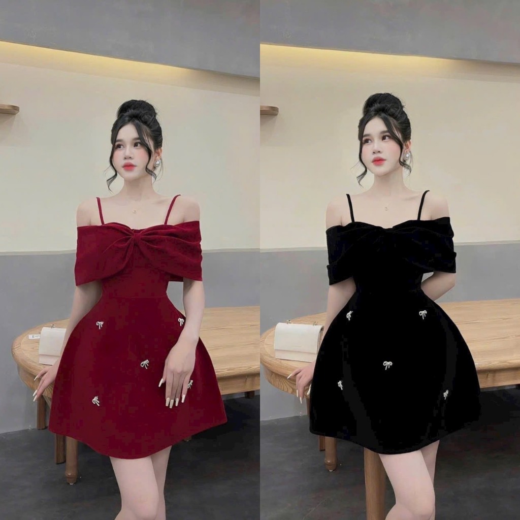 Đầm váy nữ dáng xòe 2 dây trễ vai phối nhung ( có mút ngực ) kèm tag nơ đá sang chảnh quý phái dự tiệc