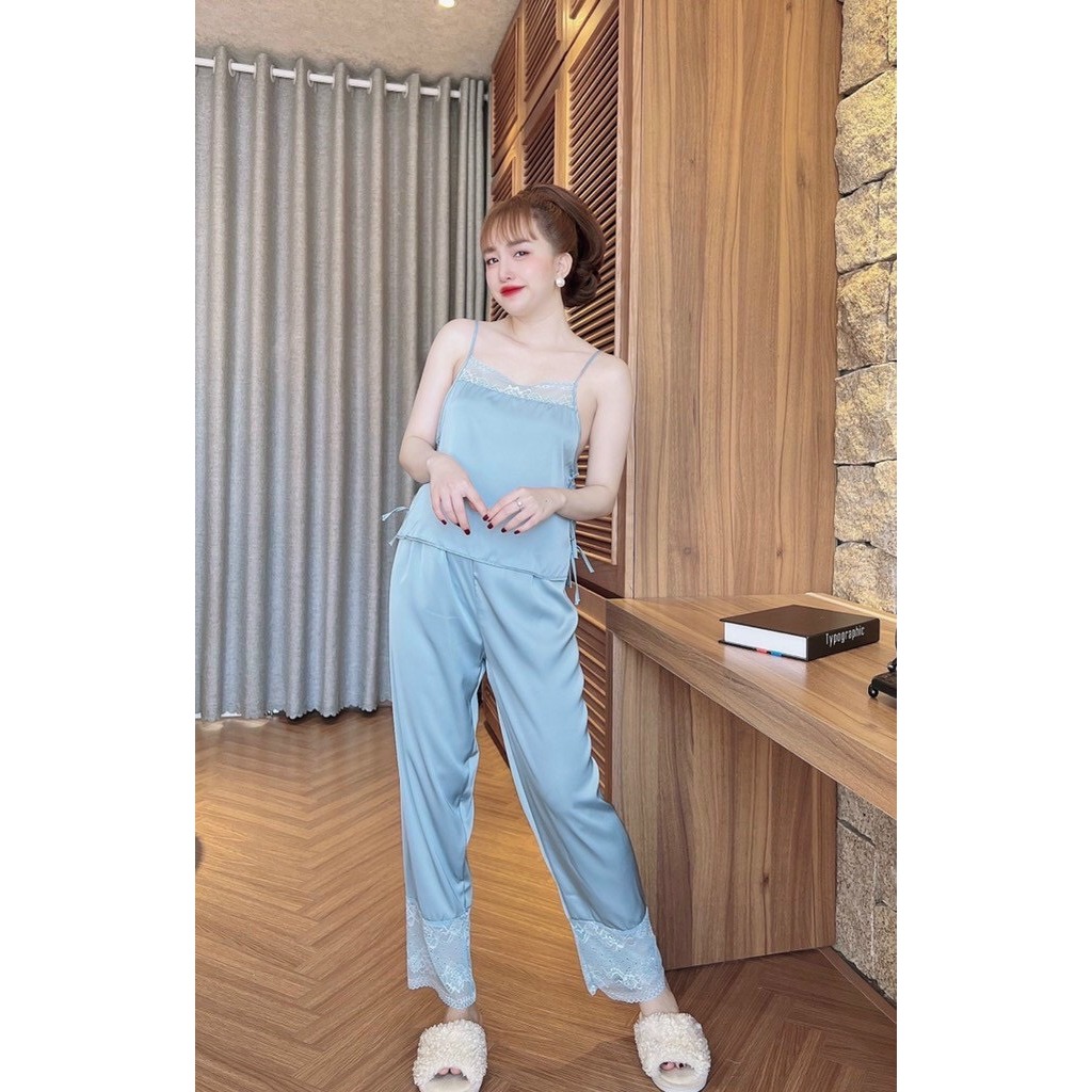 Bộ mặc nhà cho nữ, áo hai dây, quần dài ren, chất vải lụa satin mềm, mịn, mặc nhà thoải mái