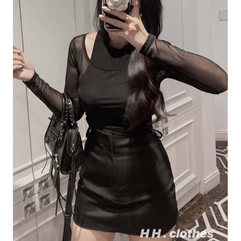 Áo Lưới Phối Yếm Liền Thân Dài Tay Bigsize Nữ Style Cá Tính AT56