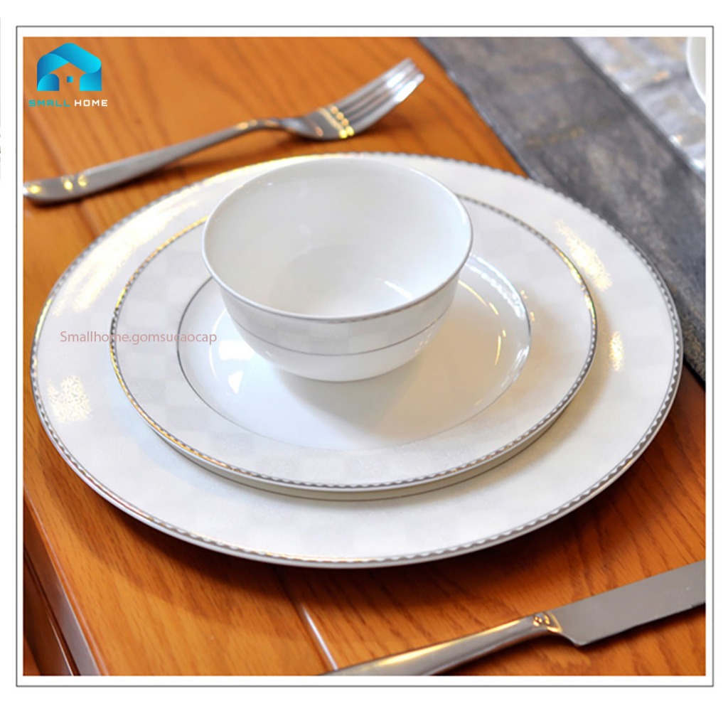 Bộ bát đĩa BẠC TUYẾN RUBIK bằng sứ xương cao cấp, hoa văn của Phnôm Pênh sang trọng, trang nhã, phong cách Bắc Âu