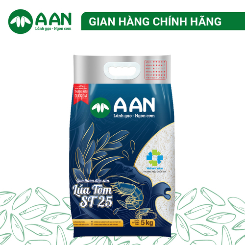 Gạo lúa tôm ST25 A An túi 5kg-cơm mềm, dẻo dai, cơm giữ nguyên hạt, mùi thơm tự nhiên