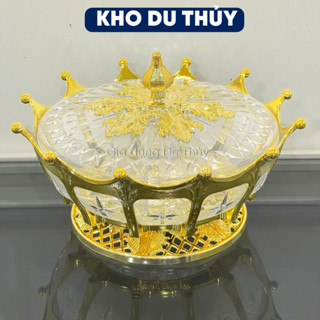  Hộp mứt tết kiểu xưa màu vàng hồng xanh cam thiết kế kiểu vương miệng lấp lánh 5 ngăn đựng trong suốt đế xoay 2 size 