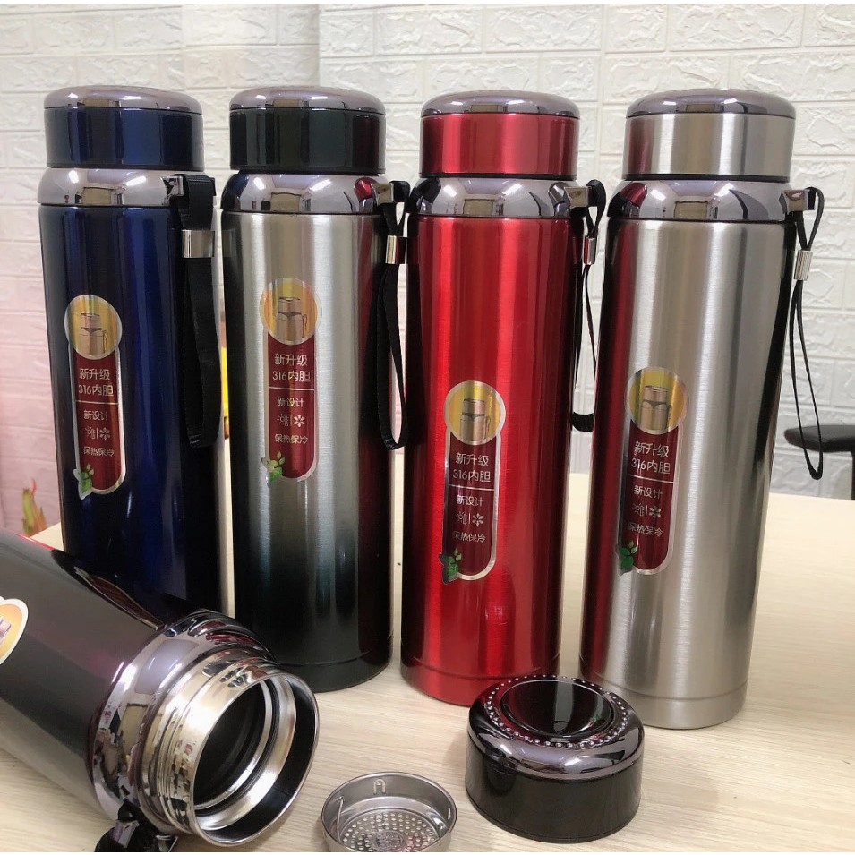 Bình Giữ Nhiệt Inox 304 Dung Tích 600ML, 800ML, 1000ML 2 Lớp Tặng Kèm Lưới Lọc Trà Và Dây Đeo