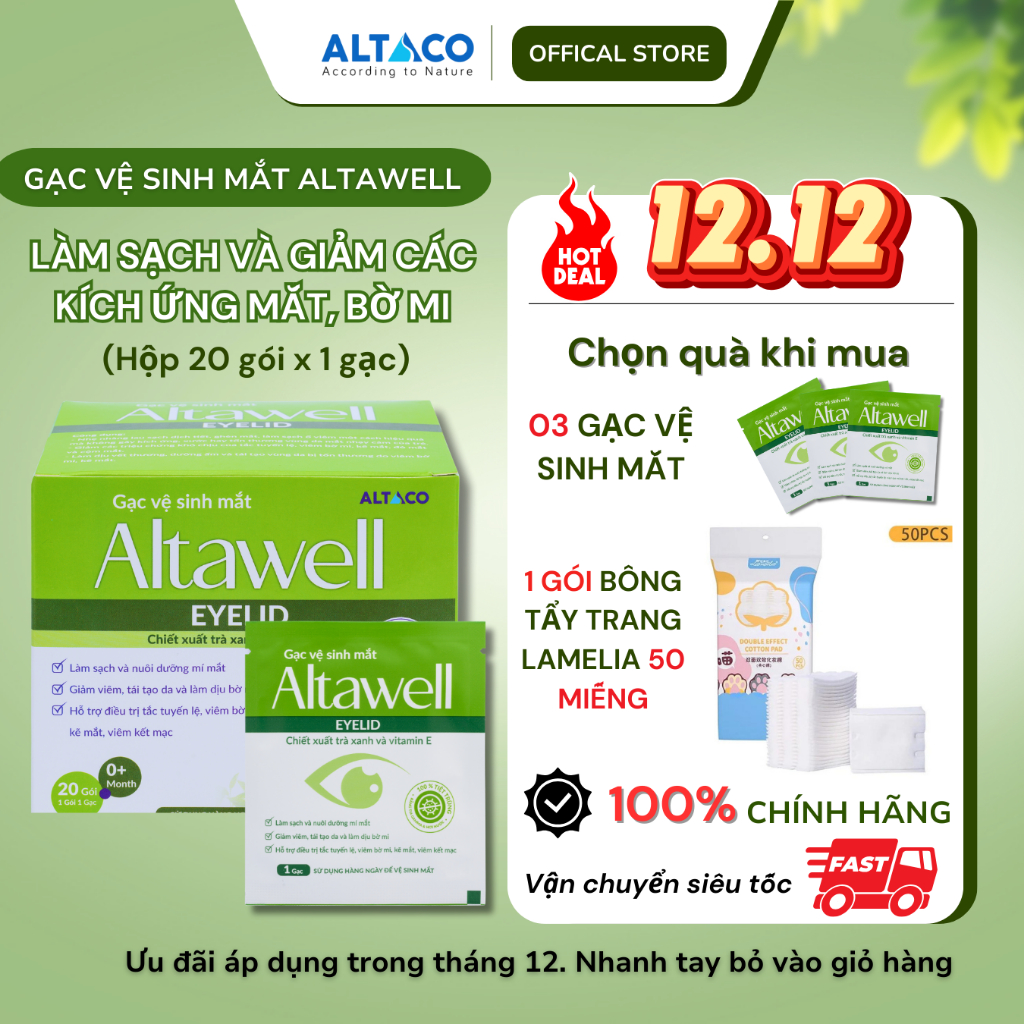 Gạc vệ sinh mắt Altawell Eyelid Làm sạch, giảm các kích ứng mắt, bờ mi, chiết xuất trà xanh-Hộp 20 gạc (20 gói x1 gạc)