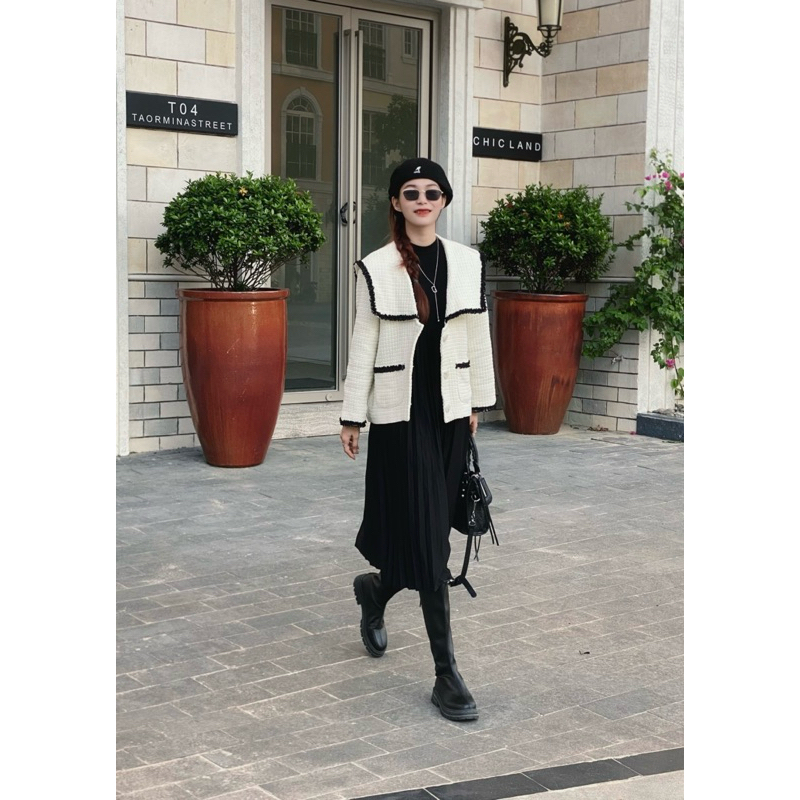 𝐁𝐚𝐬𝐢𝐜 𝐃𝐫𝐞𝐬𝐬 - Đầm tay dài xếp ly trơn basic