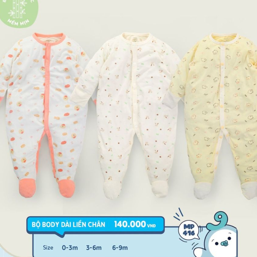 Bodysuit cho bé sơ sinh Mompa 0 đến 9 tháng liền chân lộn tay cúc giữa vải Sợi tre Bamboo mềm mịn co giãn MP 416