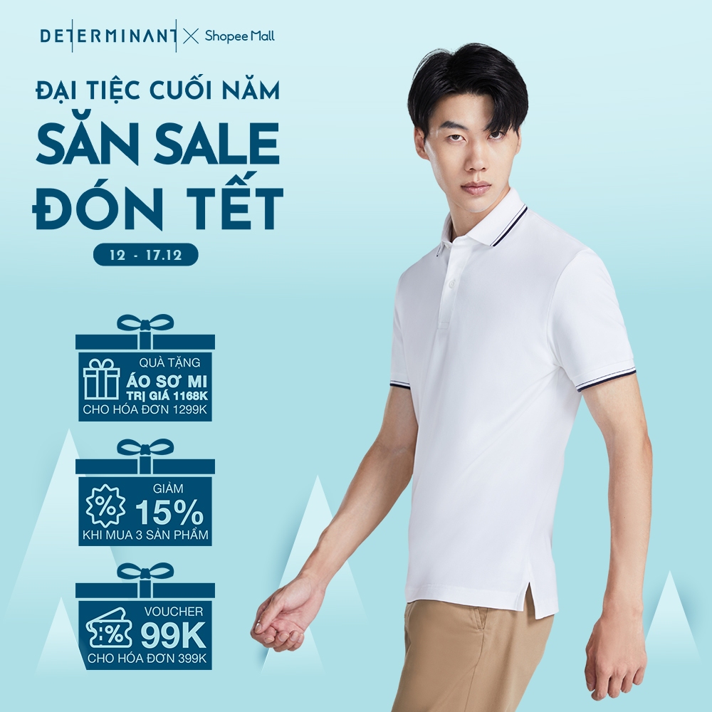 Áo thun nam Polo Cotton Visdry kháng nước chống sờn vải thương hiệu Determinant - màu Trắng phối cổ viền xanh [P01-04]