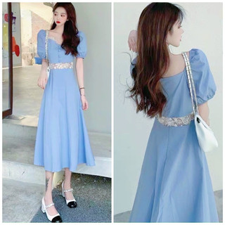 Đầm xanh biển phối ren eo, váy dự tiệc, váy trễ vai xuongvnxk vnxk
