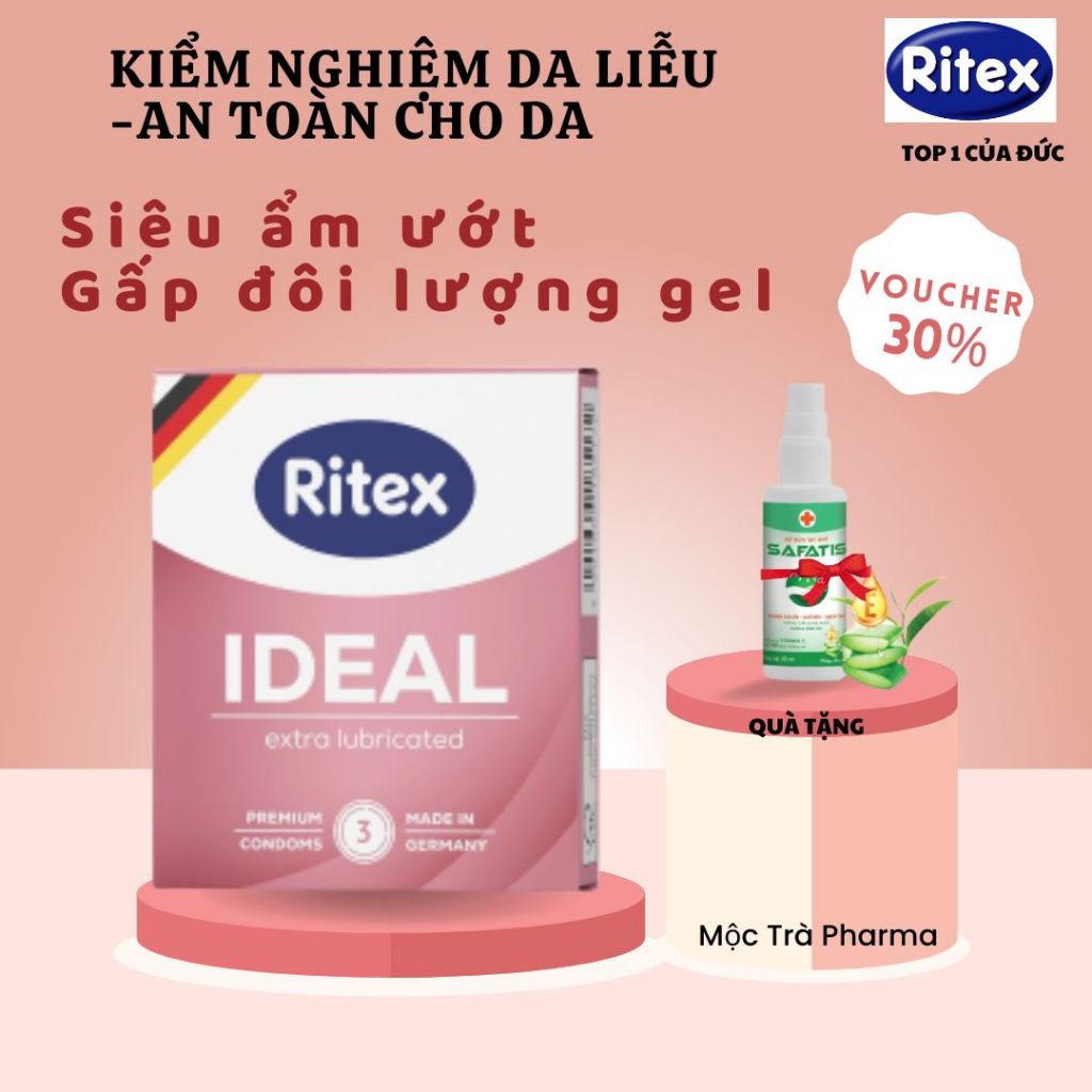 Bao cao su Ritex Ideal siêu mỏng nhiều gel,siêu ẩm ướt,ê, ái diệu kỳ- Hộp 3 chiếc