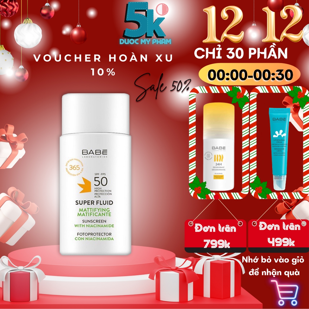 Kem chống nắng BABE Super Fluid Mattifying sunscreen SPF 50 phổ rộng, kiểm soát dầu 50ml